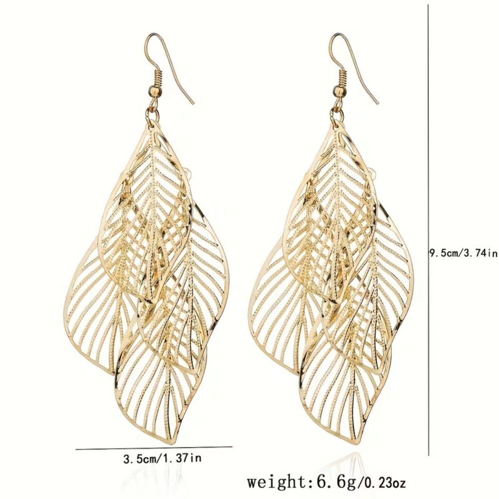 Multi-layer Hollow Leaf Pendant Golden Dangle Earrings Retro Boho Style Z138 - Picture 2 of 2